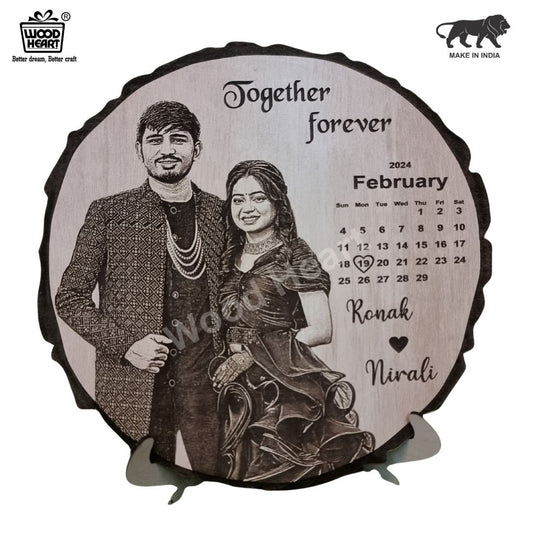 Personalized Wooden Engraved Calendar Frame with Couple Photo & Names – Custom Gift for Anniversary, Wedding, or Valentine’s Day