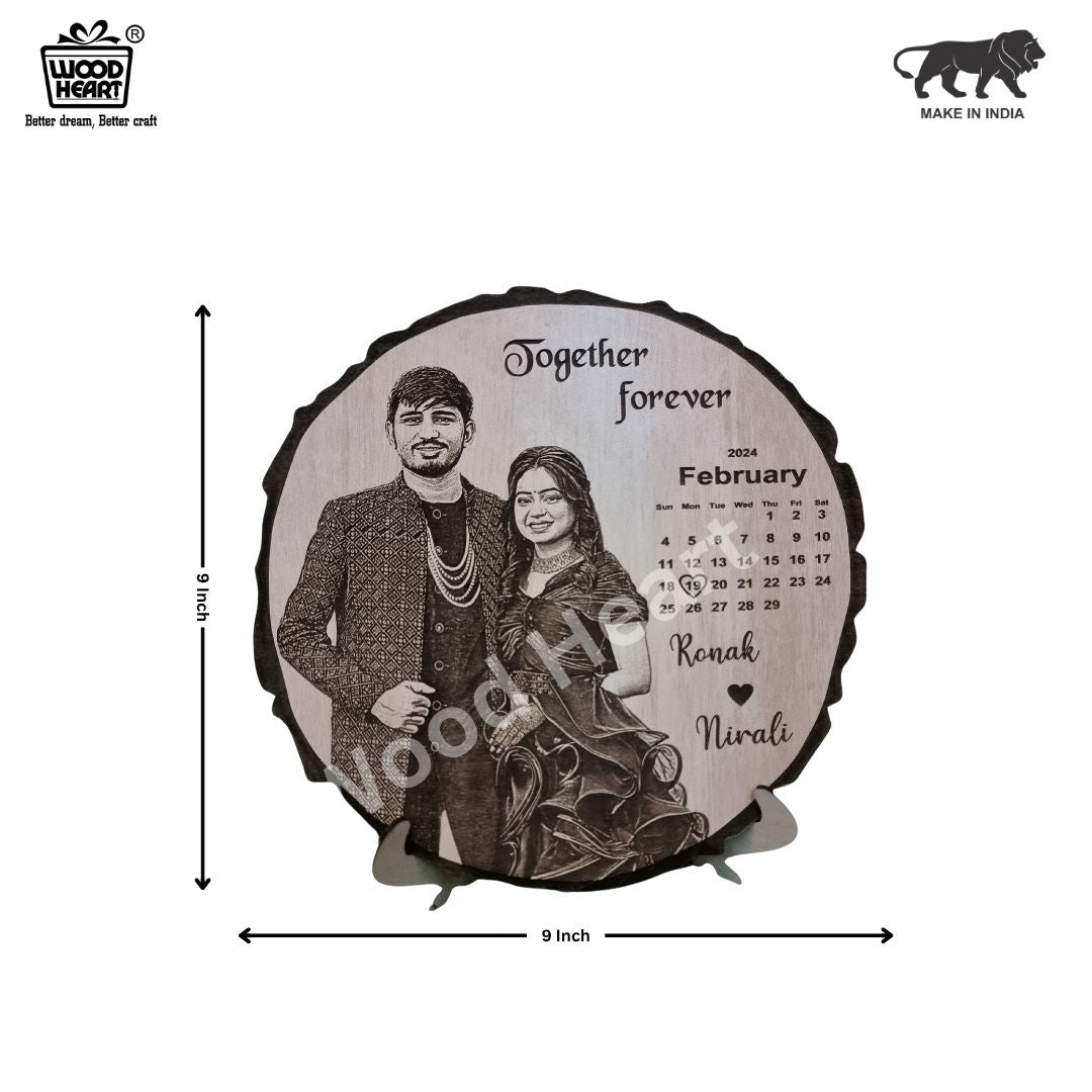 Personalized Wooden Engraved Calendar Frame with Couple Photo & Names – Custom Gift for Anniversary, Wedding, or Valentine’s Day