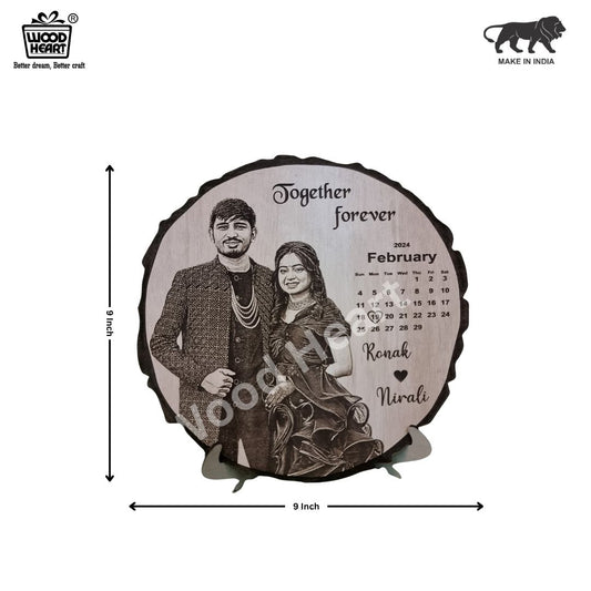 Personalized Wooden Engraved Calendar Frame with Couple Photo & Names – Custom Gift for Anniversary, Wedding, or Valentine’s Day