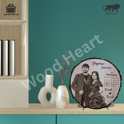 Personalized Wooden Engraved Calendar Frame with Couple Photo & Names – Custom Gift for Anniversary, Wedding, or Valentine’s Day