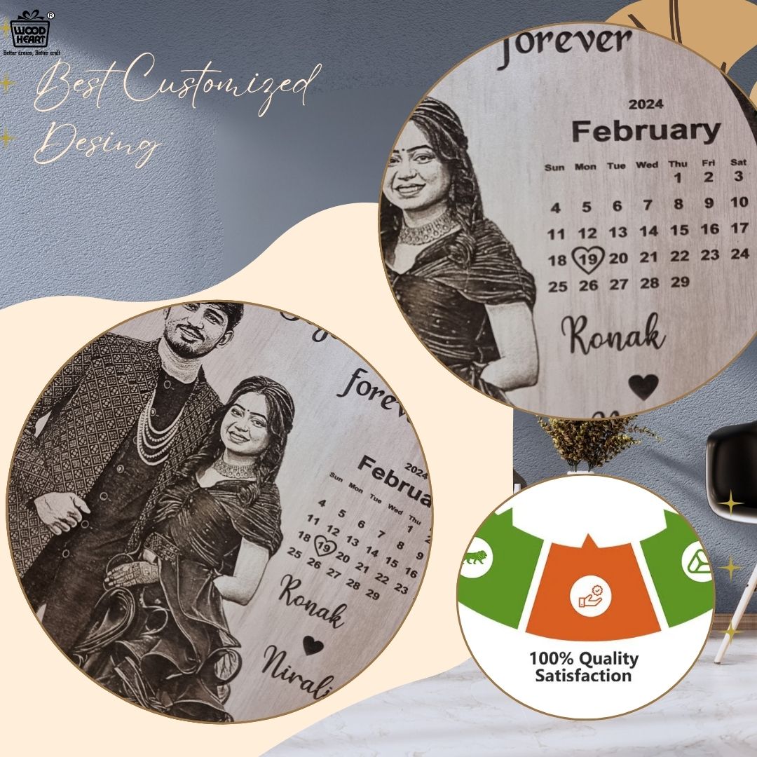 Personalized Wooden Engraved Calendar Frame with Couple Photo & Names – Custom Gift for Anniversary, Wedding, or Valentine’s Day