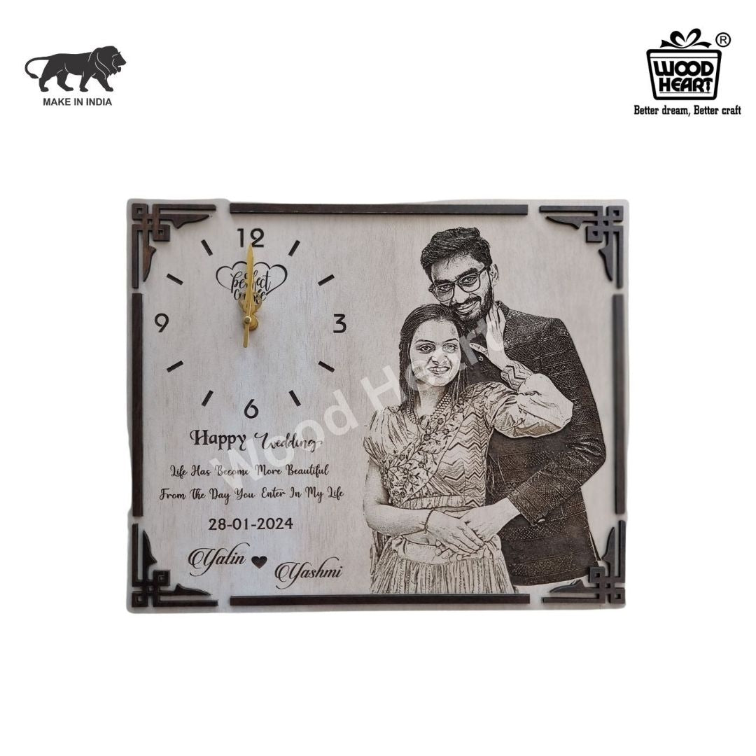 Personalized Wooden Photo Frame with Clock | Custom Wedding Gift Plaque