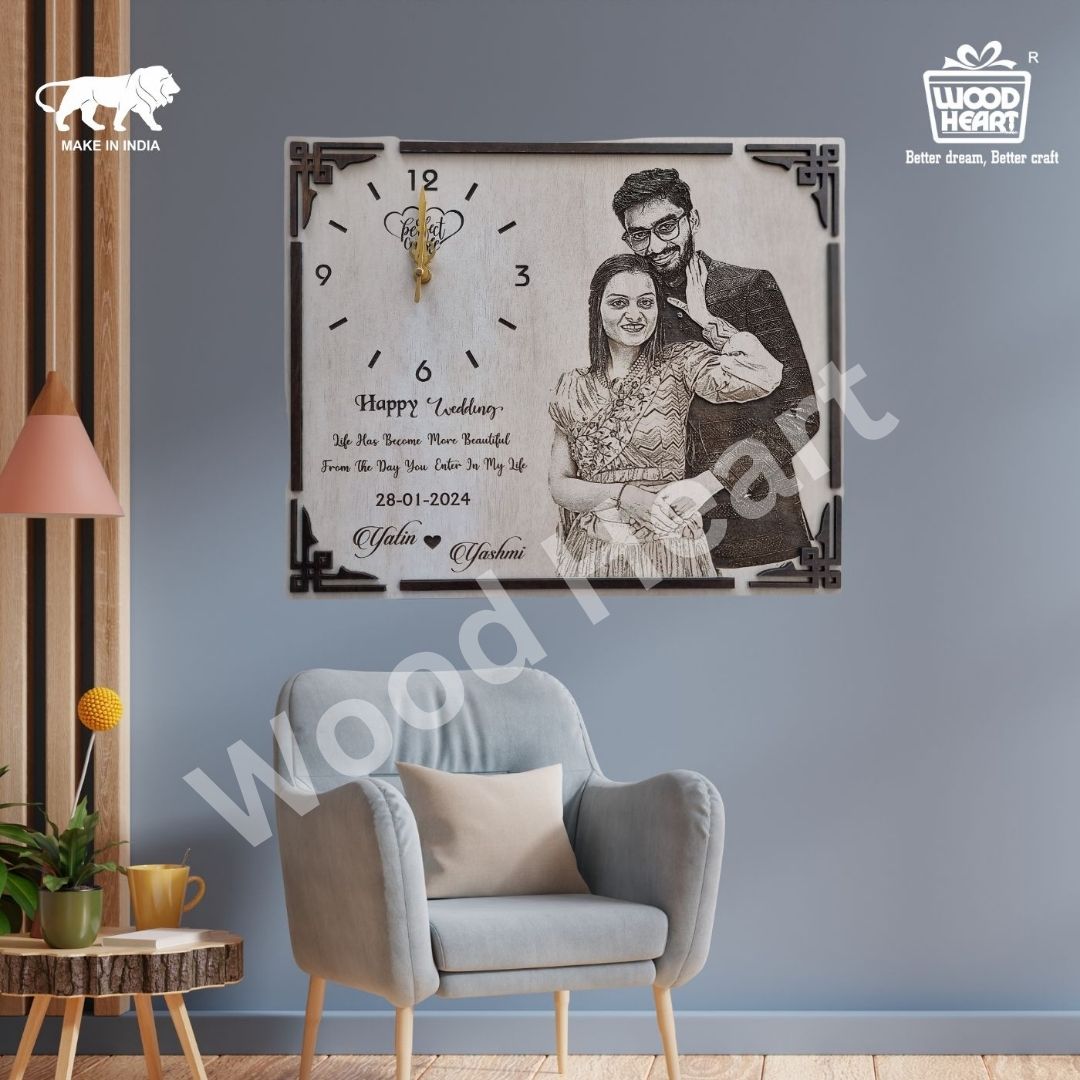 Personalized Wooden Photo Frame with Clock | Custom Wedding Gift Plaque