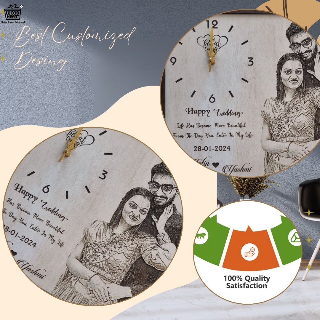 Personalized Wooden Photo Frame with Clock | Custom Wedding Gift Plaque
