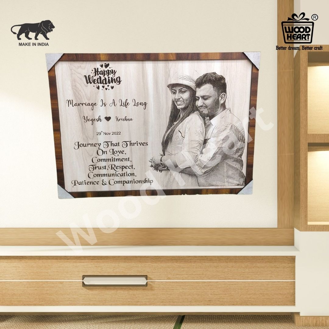 Personalized Wooden Wedding Photo Frame | Custom Engraved Couple Gift Plaque by Wood Heart