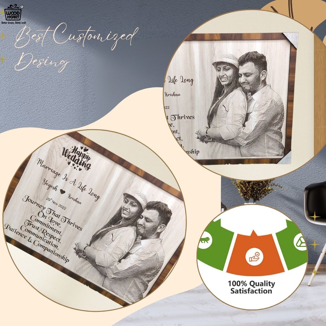 Personalized Wooden Wedding Photo Frame | Custom Engraved Couple Gift Plaque by Wood Heart