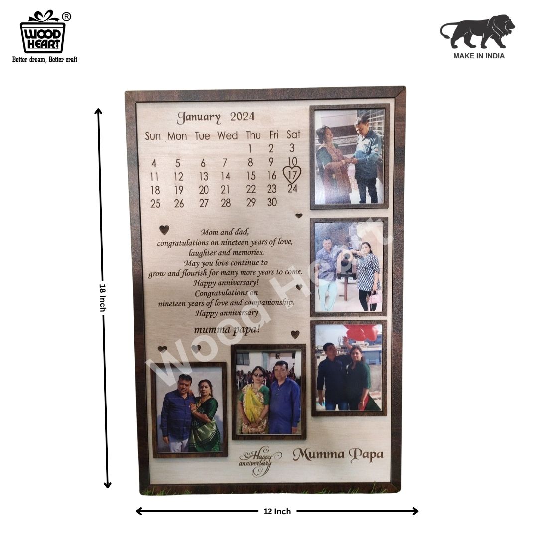 Wooden Personalized Anniversary Calendar Photo Frame – Custom Engraved Gift for Parents (19th Anniversary Edition)