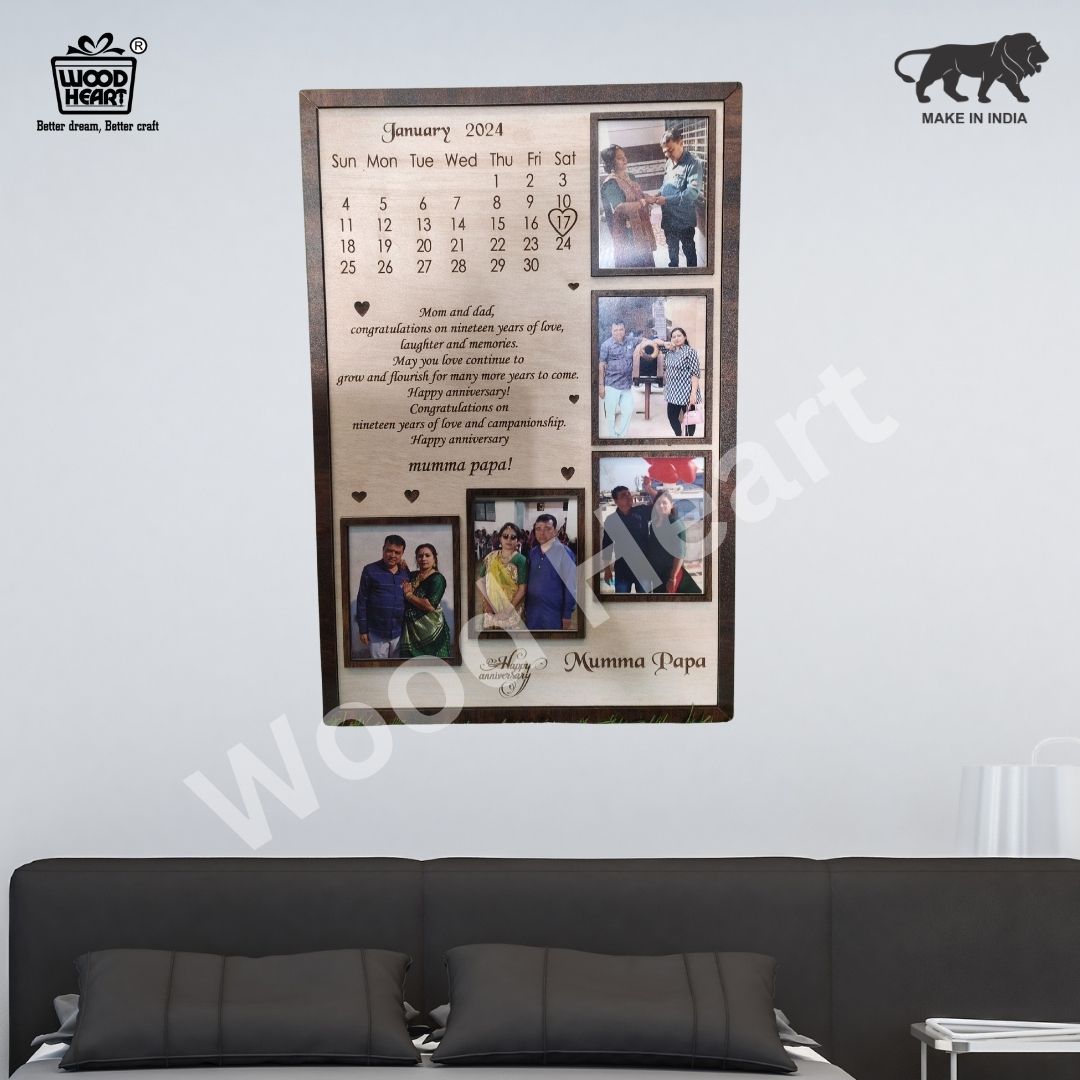 Wooden Personalized Anniversary Calendar Photo Frame – Custom Engraved Gift for Parents (19th Anniversary Edition)