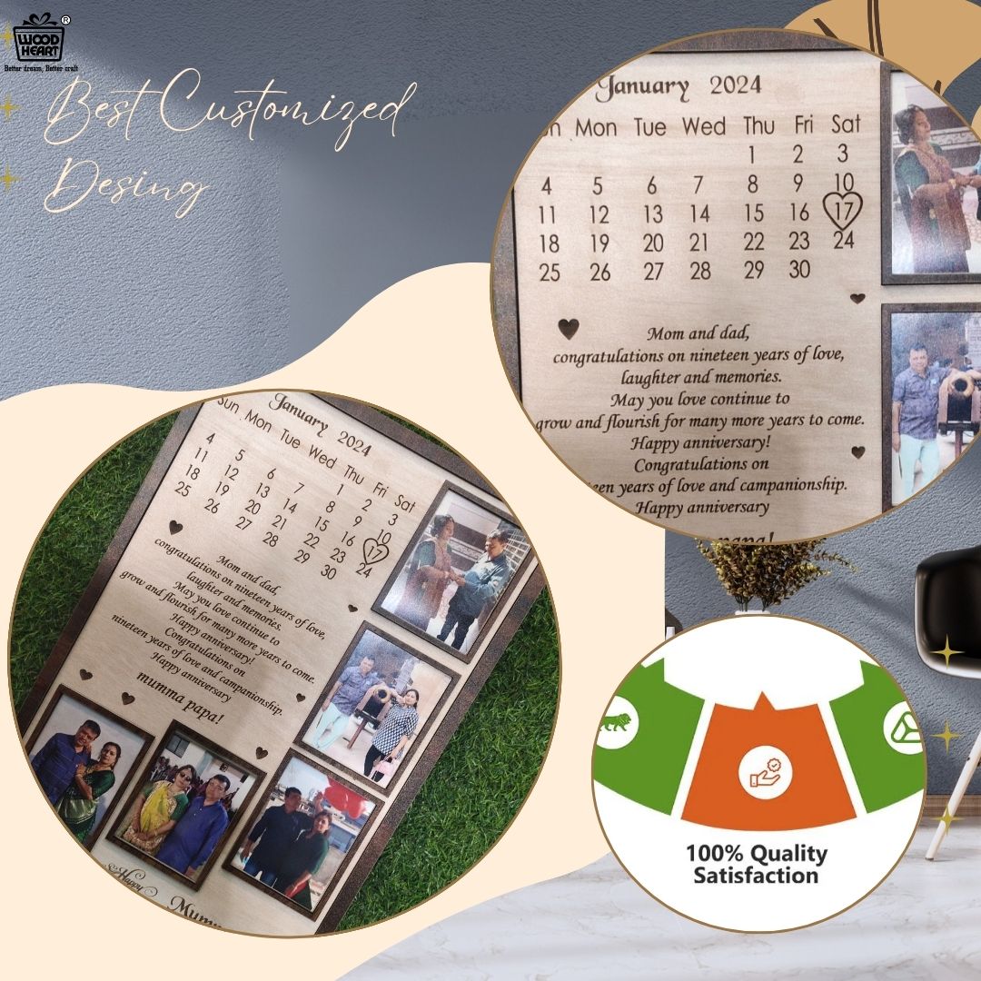 Wooden Personalized Anniversary Calendar Photo Frame – Custom Engraved Gift for Parents (19th Anniversary Edition)