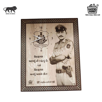 Personalized Wooden Engraved Police Theme Wall Clock | Custom Photo & Text Laser Engraved Gift for Officers