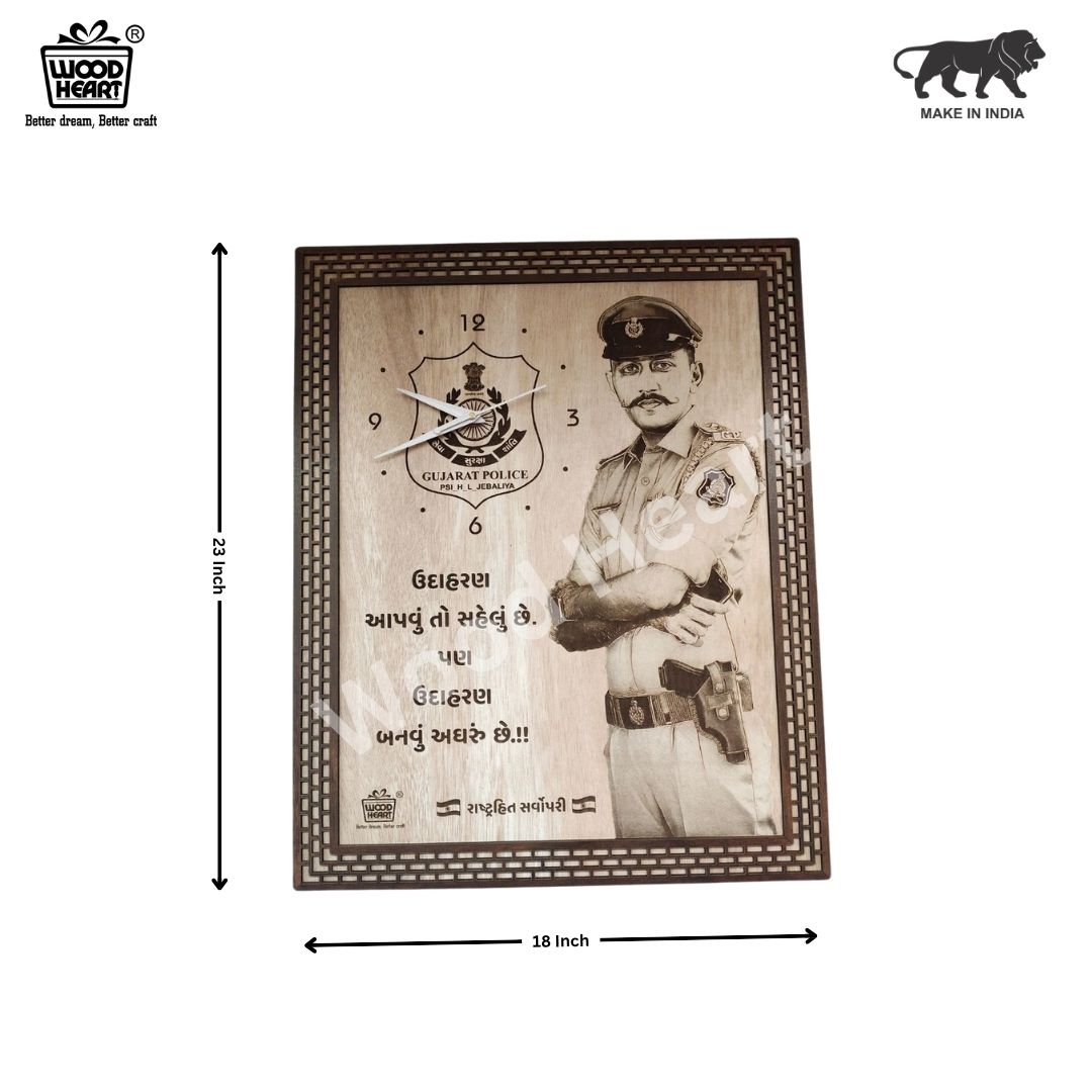 Personalized Wooden Engraved Police Theme Wall Clock | Custom Photo & Text Laser Engraved Gift for Officers