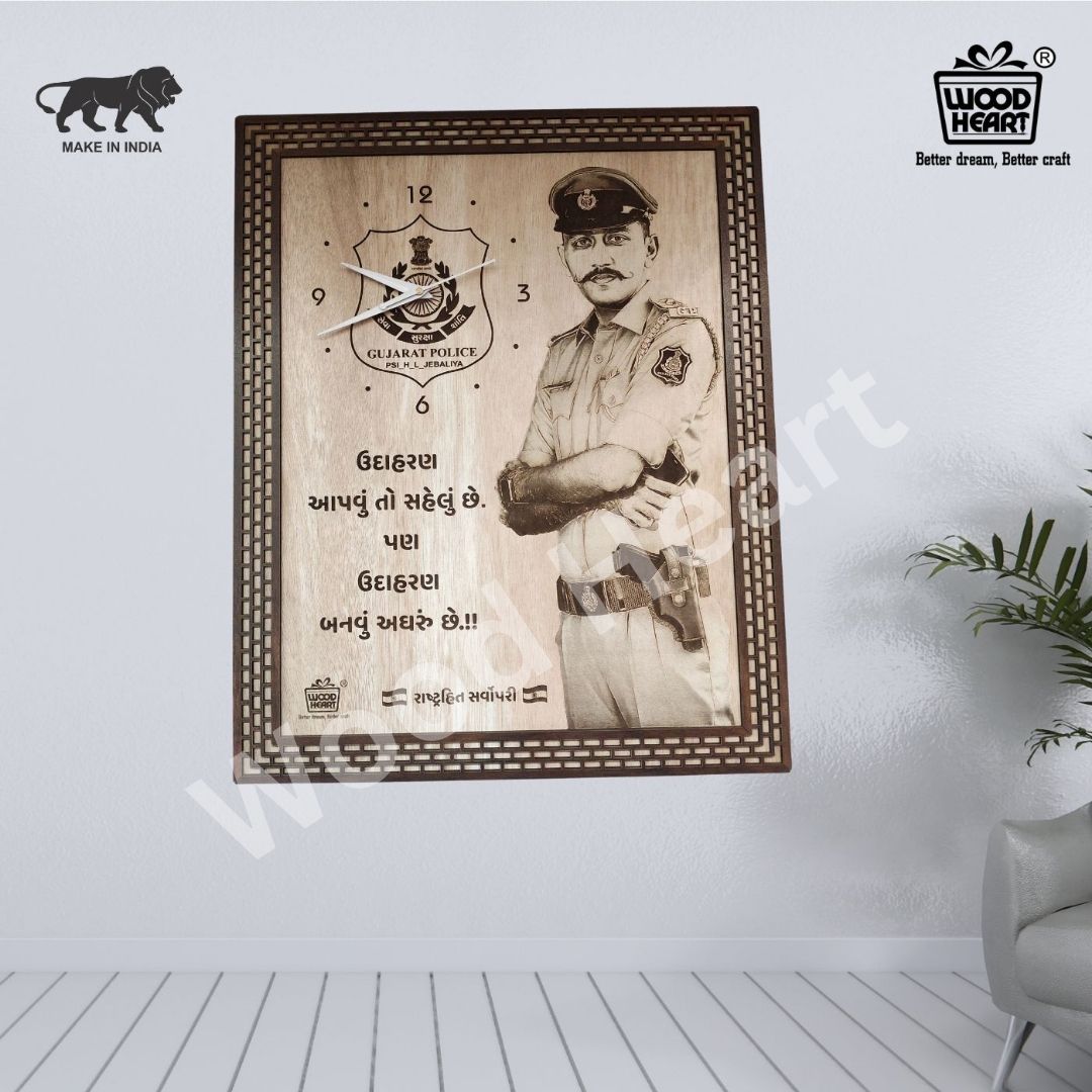Personalized Wooden Engraved Police Theme Wall Clock | Custom Photo & Text Laser Engraved Gift for Officers