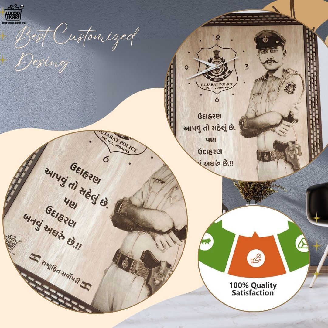 Personalized Wooden Engraved Police Theme Wall Clock | Custom Photo & Text Laser Engraved Gift for Officers