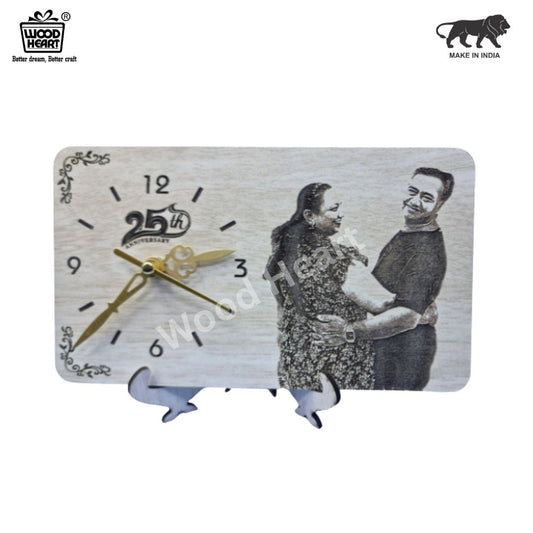 Personalized 25th Anniversary Wooden Engraved Photo Clock | Custom Couple Gift | Table Decor by Wood Heart