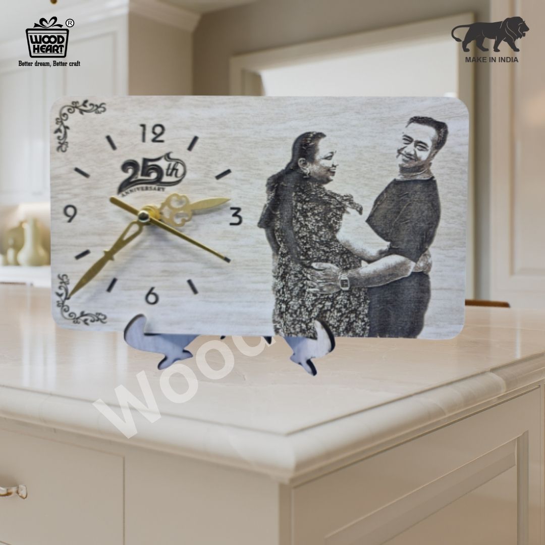 Personalized 25th Anniversary Wooden Engraved Photo Clock | Custom Couple Gift | Table Decor by Wood Heart