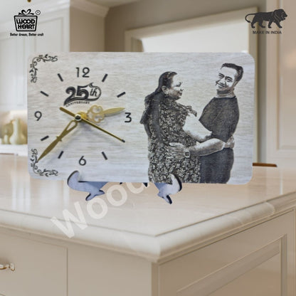 Personalized 25th Anniversary Wooden Engraved Photo Clock | Custom Couple Gift | Table Decor by Wood Heart
