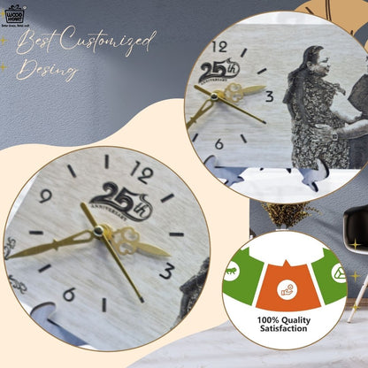 Personalized 25th Anniversary Wooden Engraved Photo Clock | Custom Couple Gift | Table Decor by Wood Heart