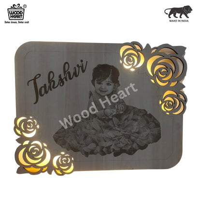 Personalized Wooden LED Photo Frame with Floral Design | Custom Baby Name Engraved Light Frame | Wood Heart Gift Decor