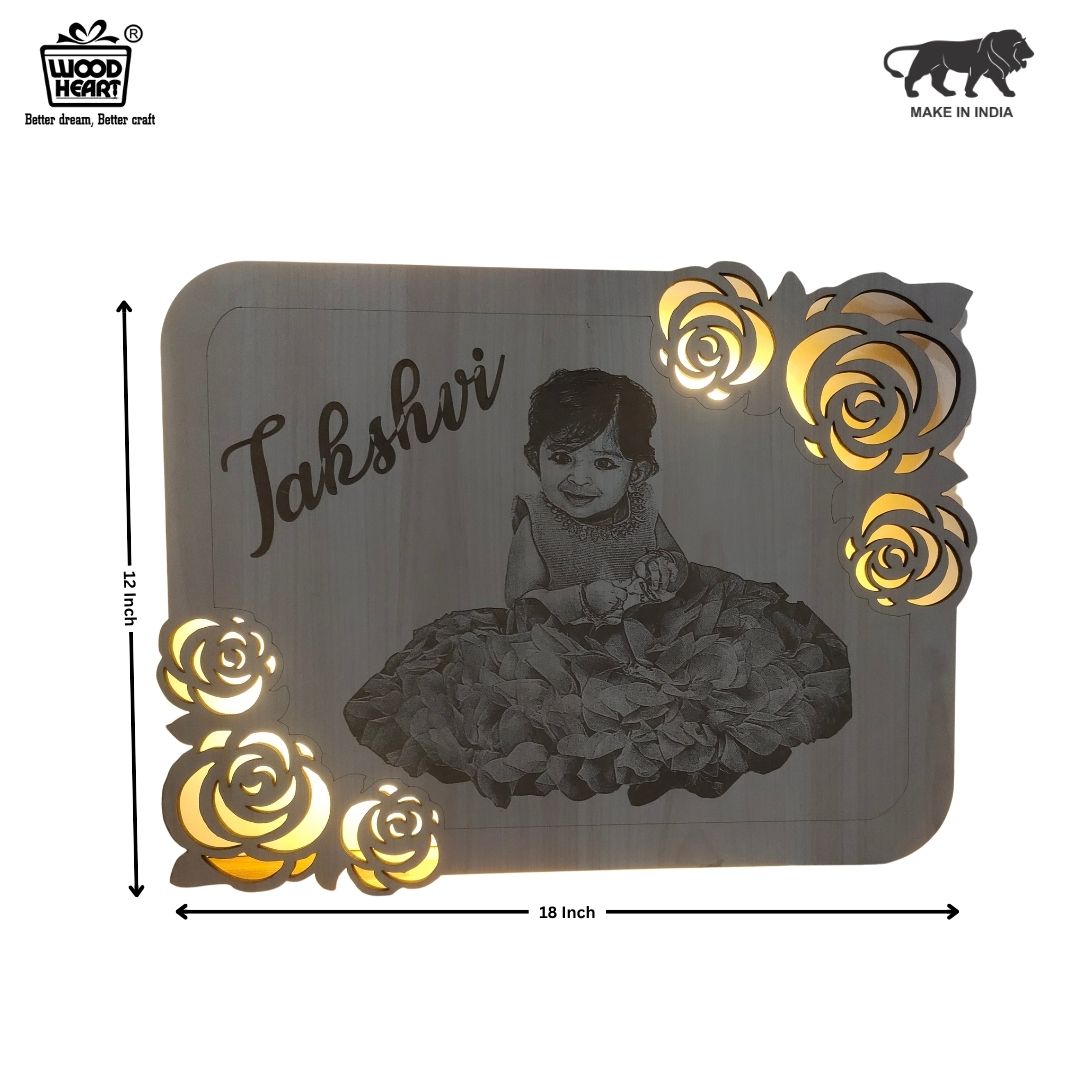 Personalized Wooden LED Photo Frame with Floral Design | Custom Baby Name Engraved Light Frame | Wood Heart Gift Decor