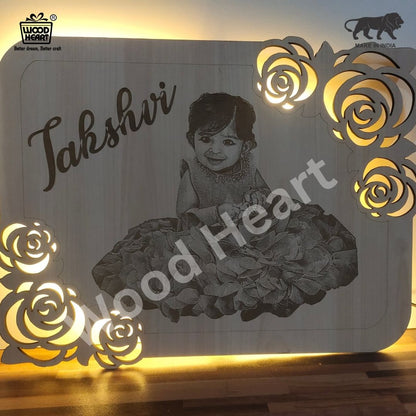 Personalized Wooden LED Photo Frame with Floral Design | Custom Baby Name Engraved Light Frame | Wood Heart Gift Decor