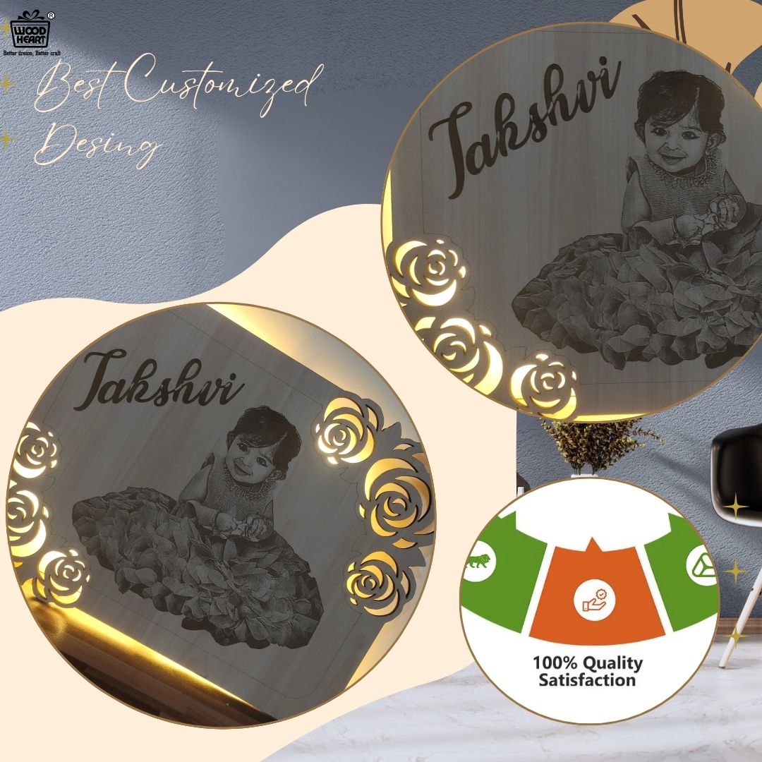 Personalized Wooden LED Photo Frame with Floral Design | Custom Baby Name Engraved Light Frame | Wood Heart Gift Decor