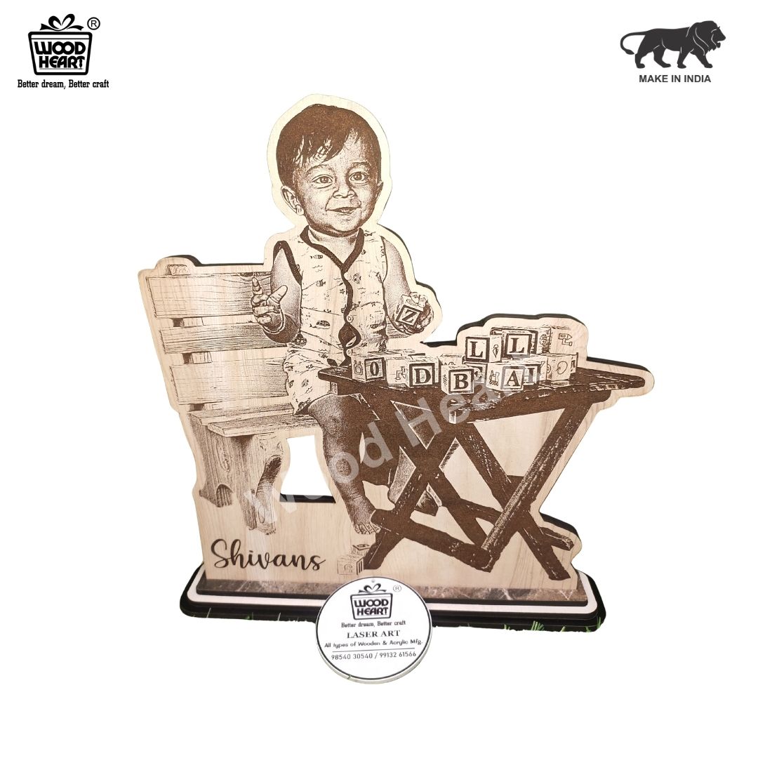 Personalized Wooden Cutout Photo Frame – Kids Custom Laser Engraved Design | Unique Baby Gift | Table Décor by Wood Heart