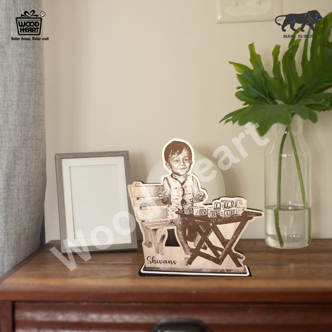 Personalized Wooden Cutout Photo Frame – Kids Custom Laser Engraved Design | Unique Baby Gift | Table Décor by Wood Heart