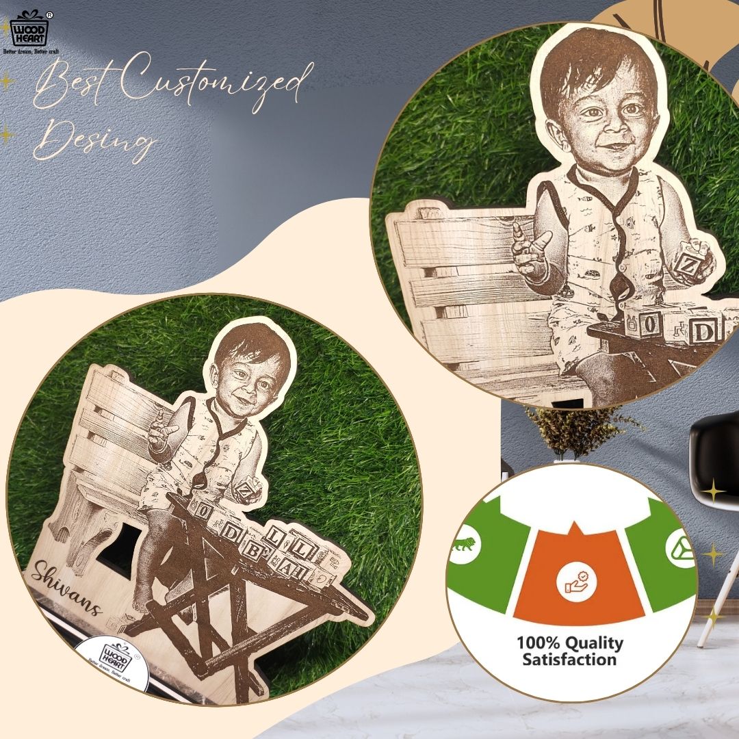 Personalized Wooden Cutout Photo Frame – Kids Custom Laser Engraved Design | Unique Baby Gift | Table Décor by Wood Heart