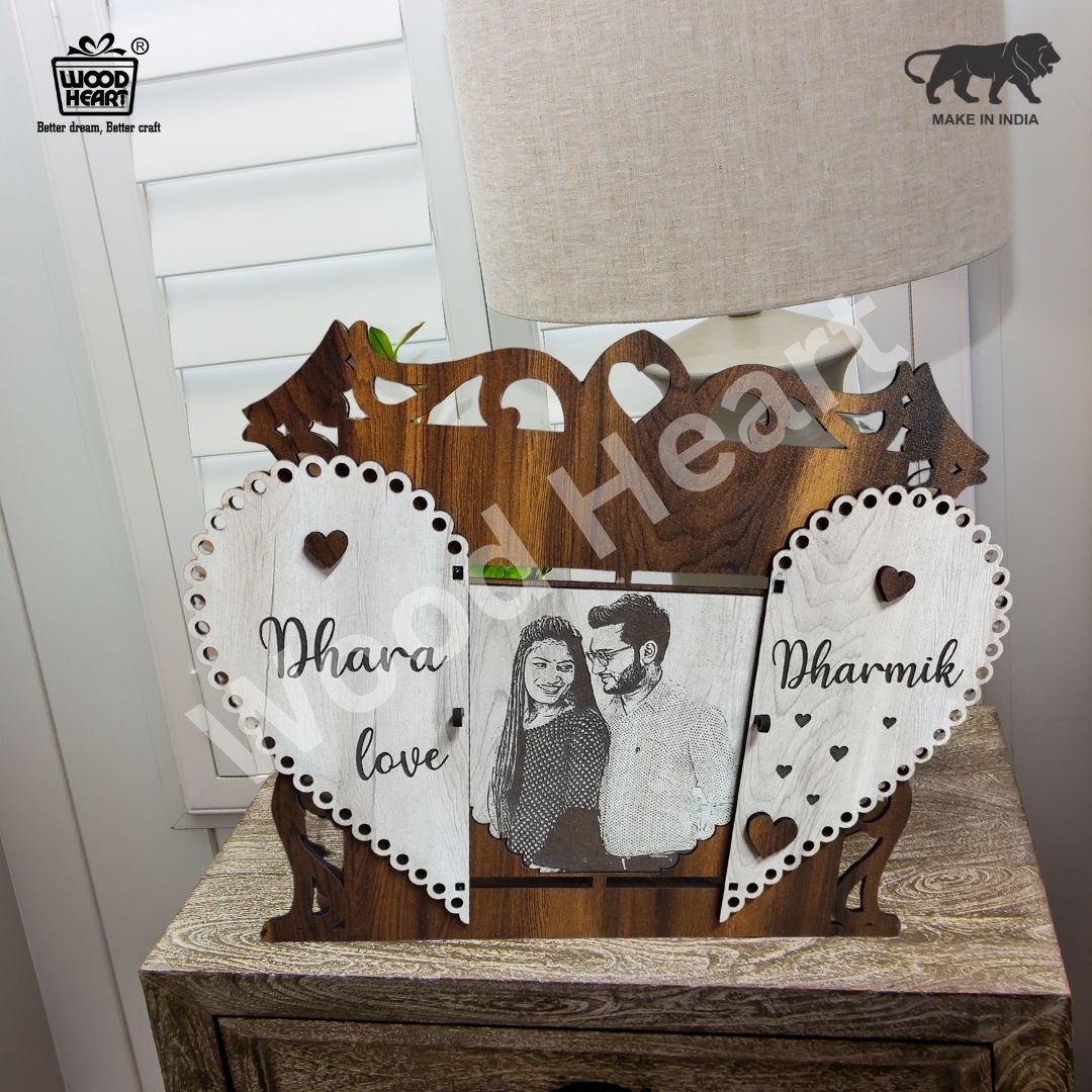 Personalized Heart Shape Couple Wooden Photo Frame | Custom Love Theme Gift Frame