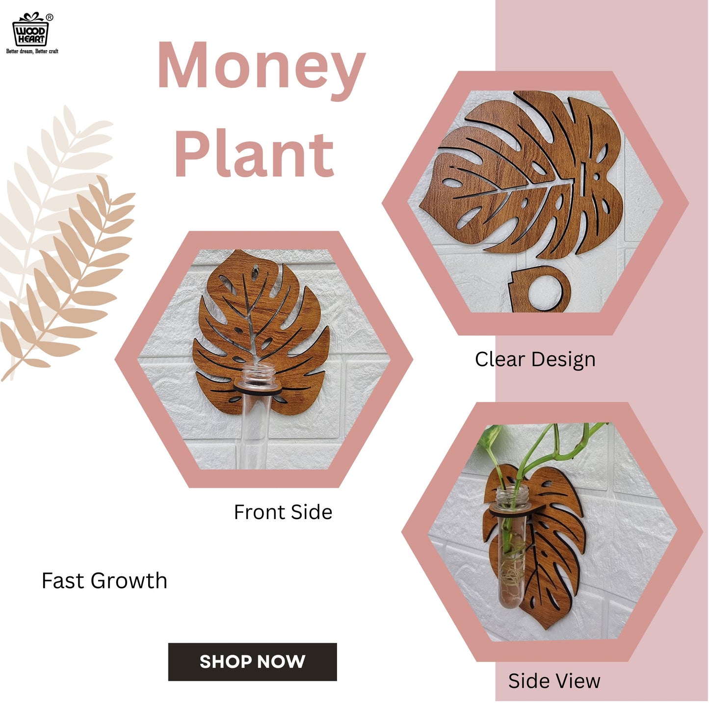 Wooden Leaf Wall Hanging Planter with Glass Tube