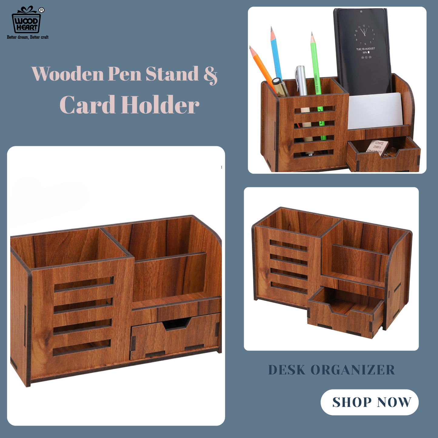 WoodHeart Premium Wooden Desk Organizer with Drawer