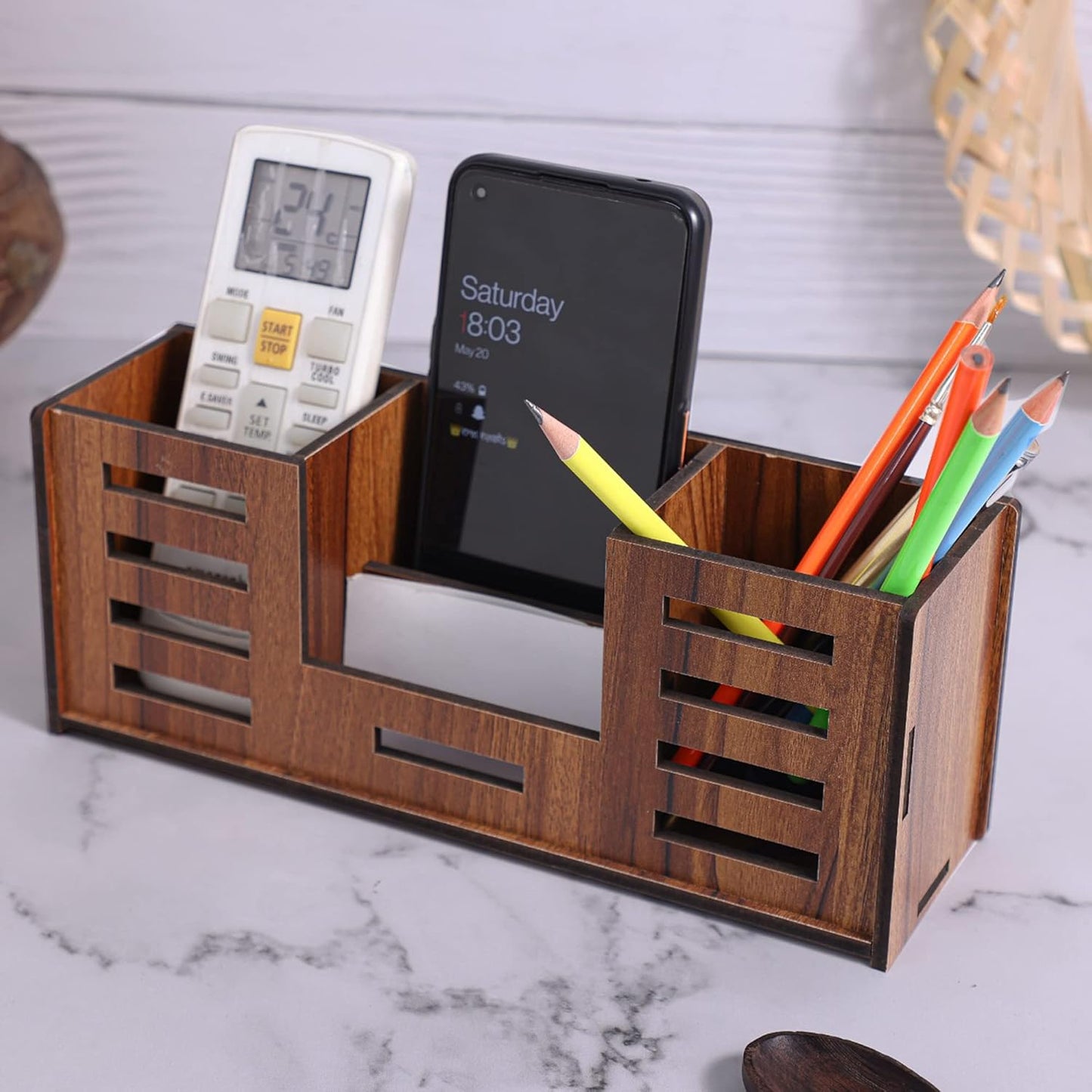 WoodHeart Wooden Desk Organizer with Phone & Stationery Holder