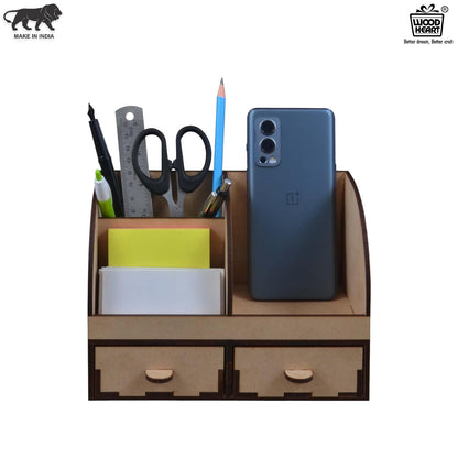 WoodHeart Wooden Desk Organizer with Dual Drawers & Mobile Stand