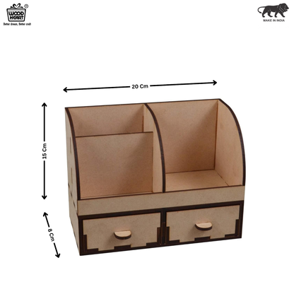 WoodHeart Wooden Desk Organizer with Dual Drawers & Mobile Stand
