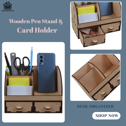 WoodHeart Wooden Desk Organizer with Dual Drawers & Mobile Stand