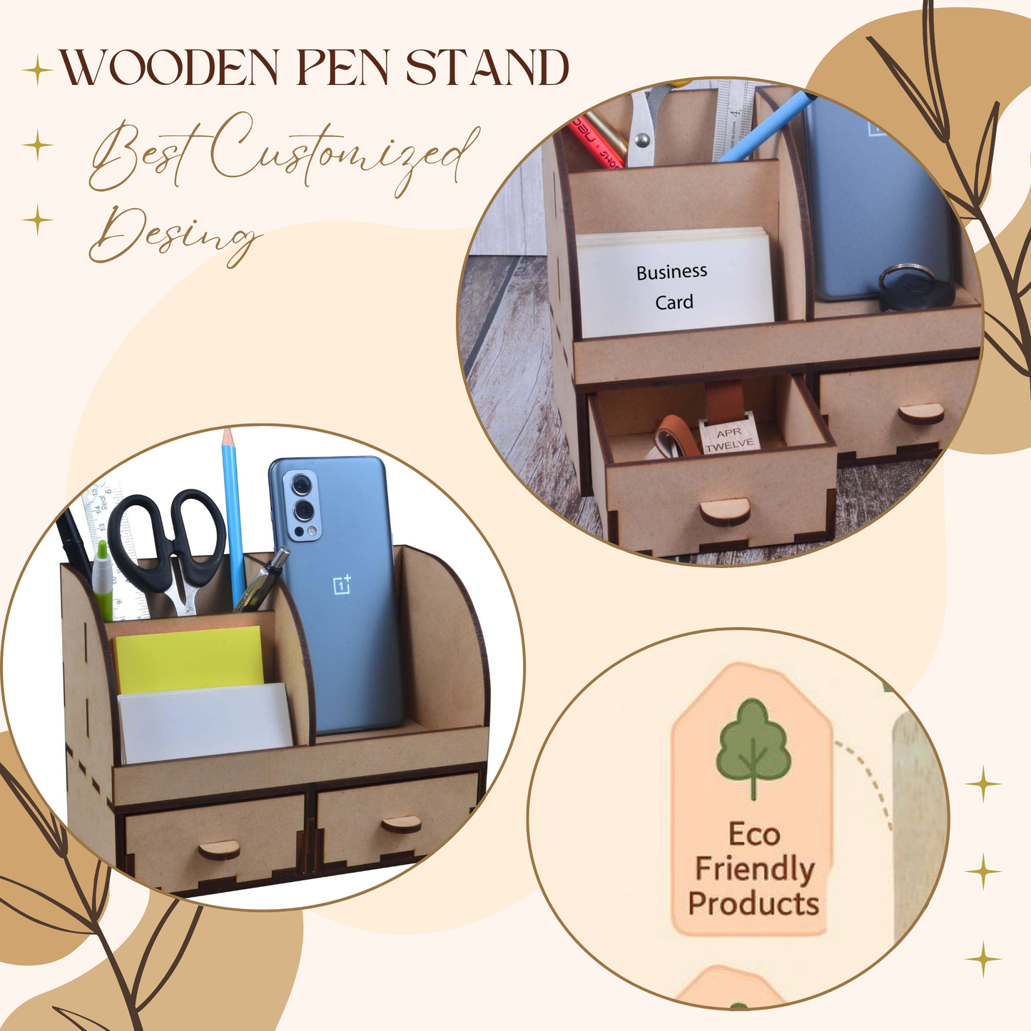 WoodHeart Wooden Desk Organizer with Dual Drawers & Mobile Stand