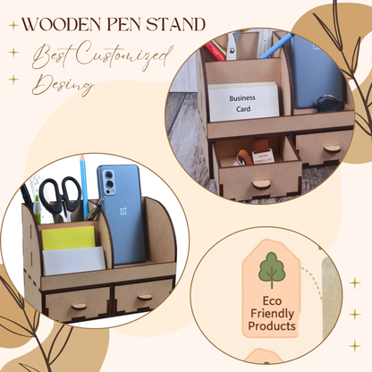 WoodHeart Wooden Desk Organizer with Dual Drawers & Mobile Stand