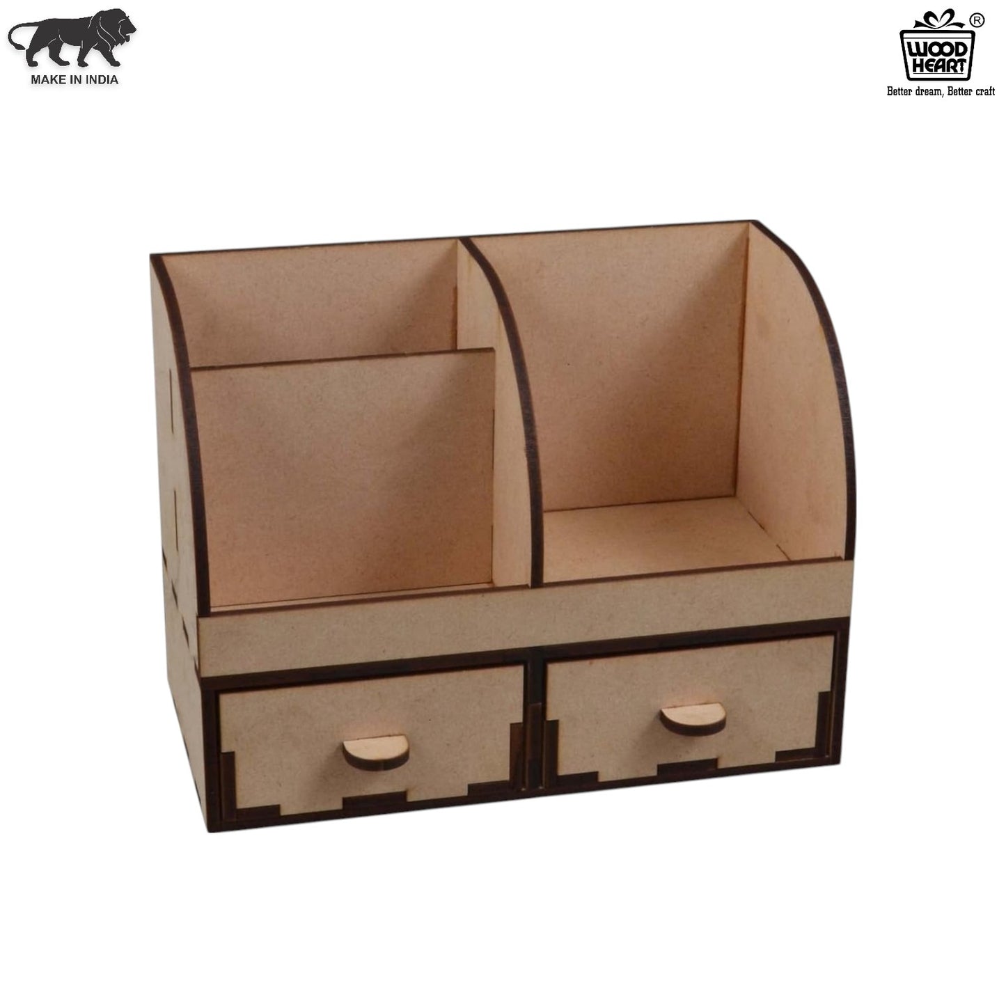 WoodHeart Wooden Desk Organizer with Dual Drawers & Mobile Stand