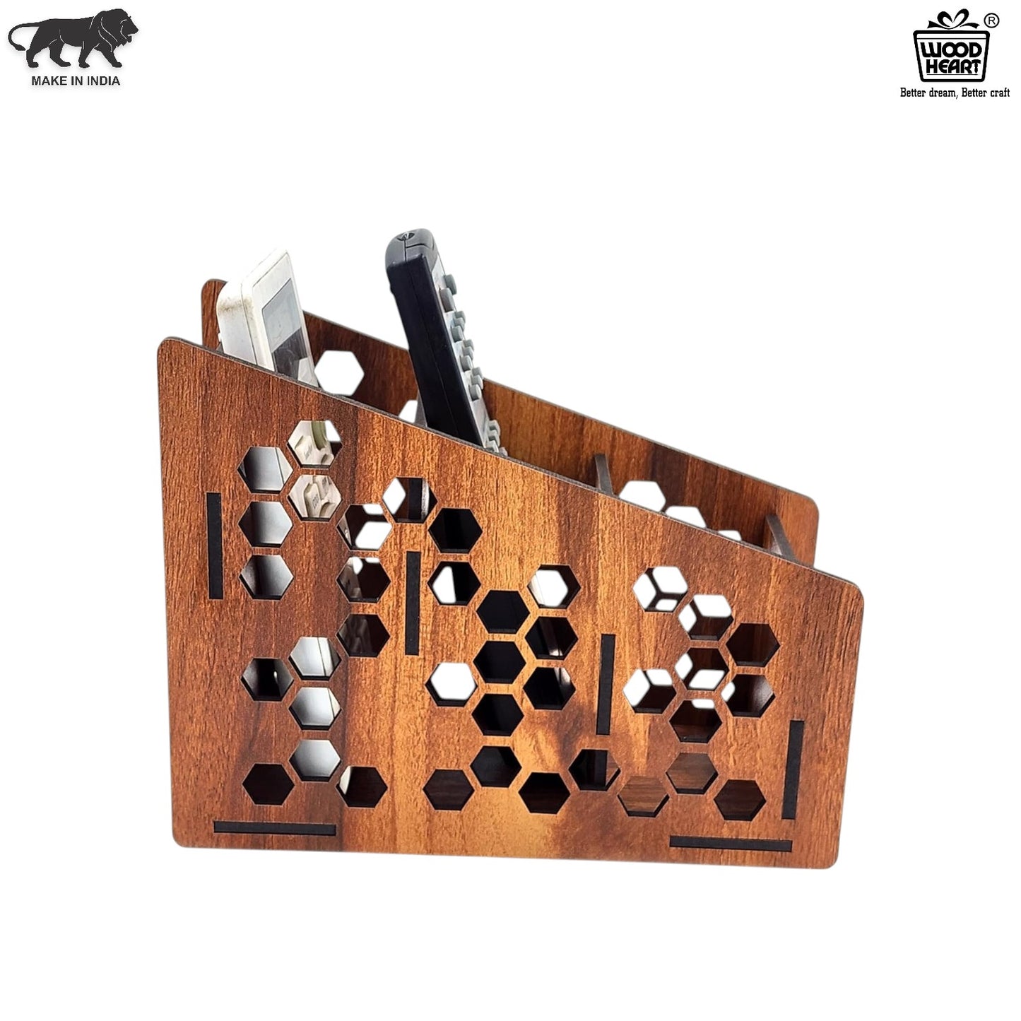 WoodHeart HexaCut Wooden Remote & Mobile Organizer Stand