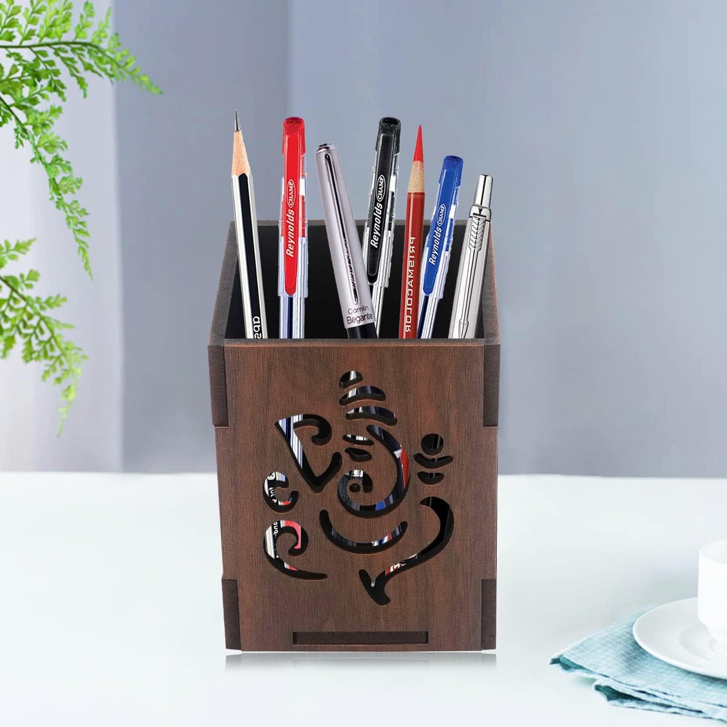 WoodHeart Ganesha Engraved Wooden Pen Stand