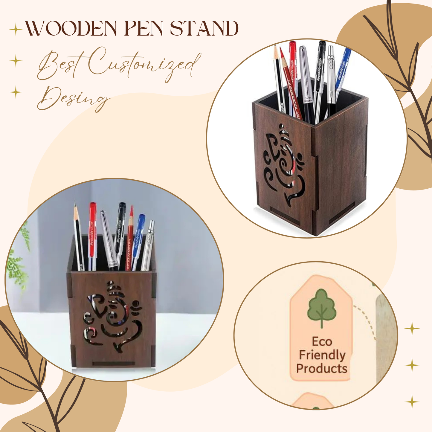 WoodHeart Ganesha Engraved Wooden Pen Stand