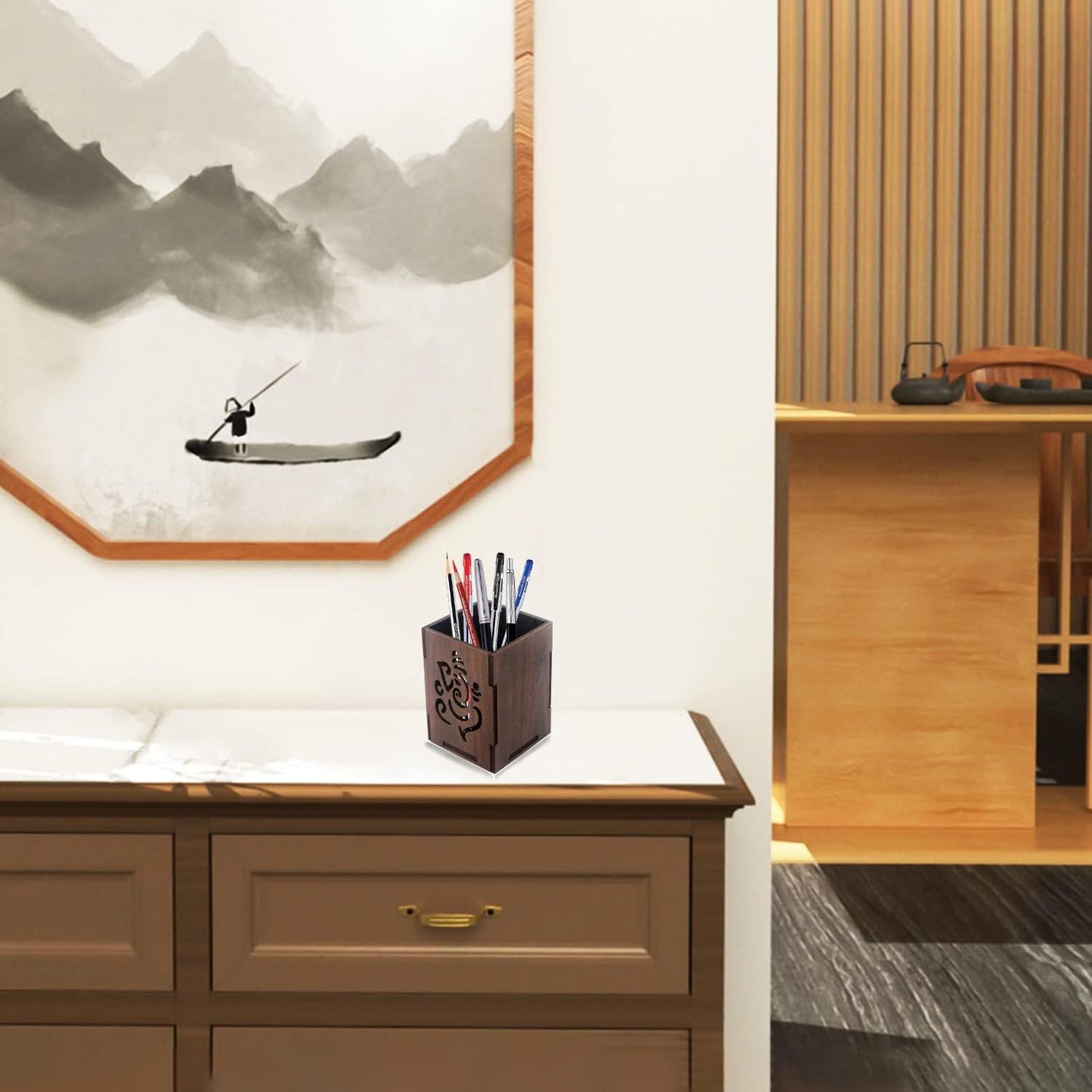 WoodHeart Ganesha Engraved Wooden Pen Stand