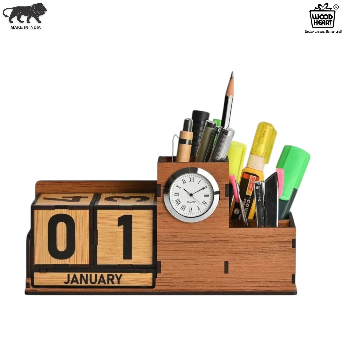 WoodHeart Wooden Perpetual Calendar Desk Organizer with Clock