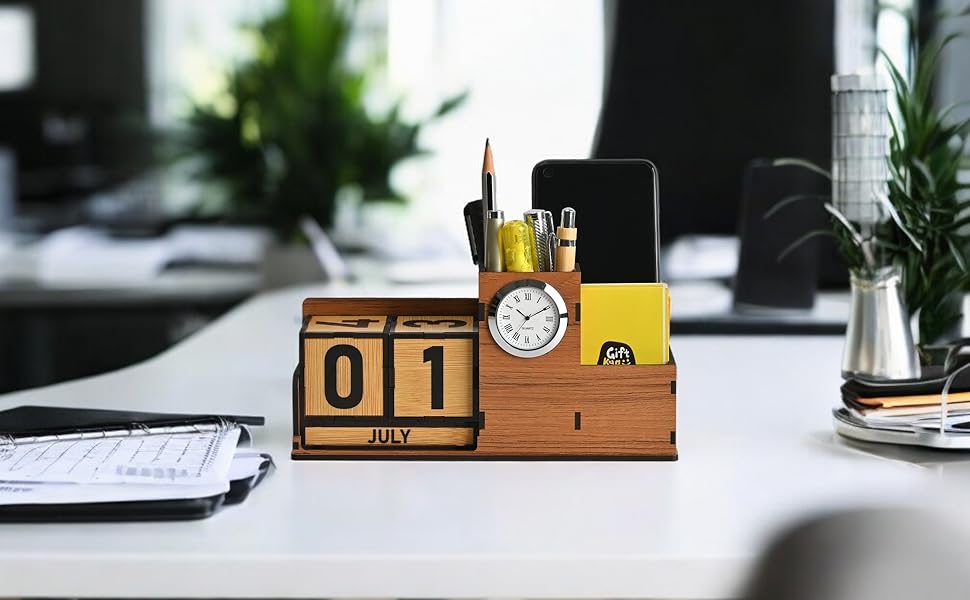 WoodHeart Wooden Perpetual Calendar Desk Organizer with Clock
