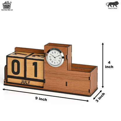 WoodHeart Wooden Perpetual Calendar Desk Organizer with Clock