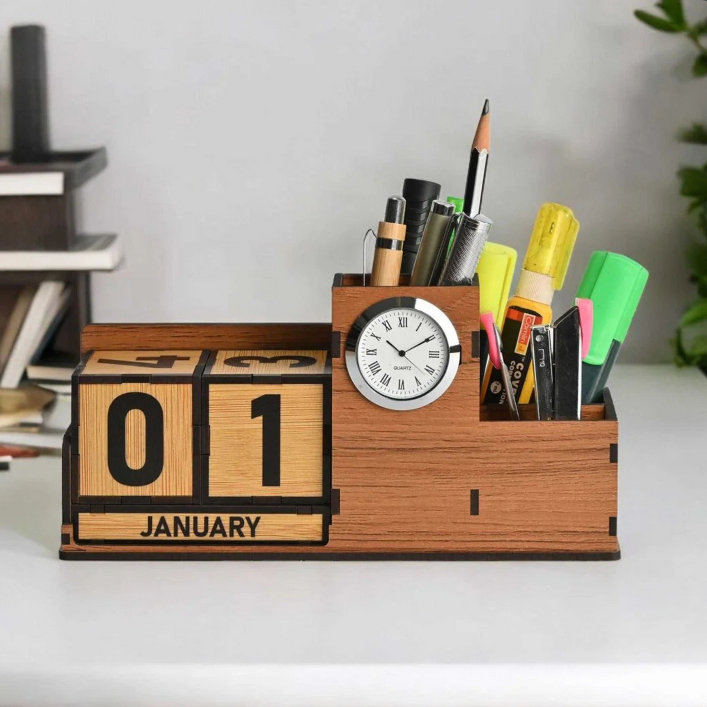 WoodHeart Wooden Perpetual Calendar Desk Organizer with Clock