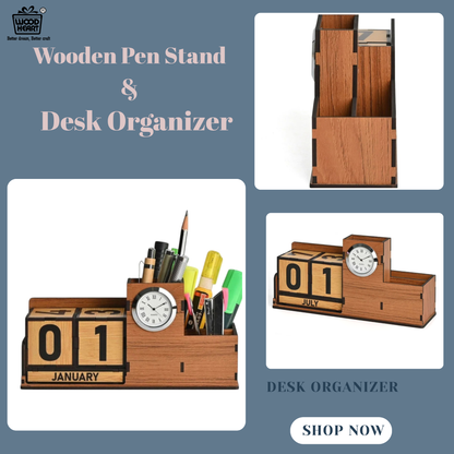 WoodHeart Wooden Perpetual Calendar Desk Organizer with Clock