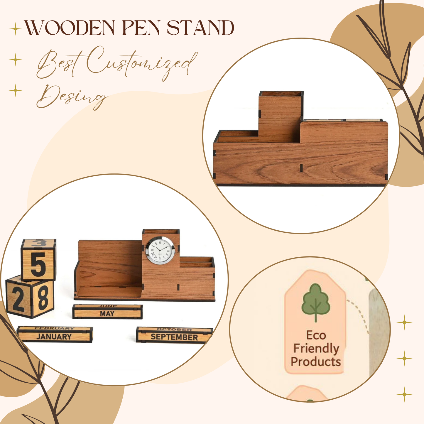 WoodHeart Wooden Perpetual Calendar Desk Organizer with Clock