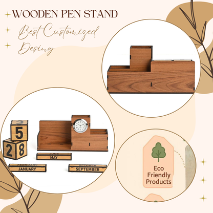 WoodHeart Wooden Perpetual Calendar Desk Organizer with Clock