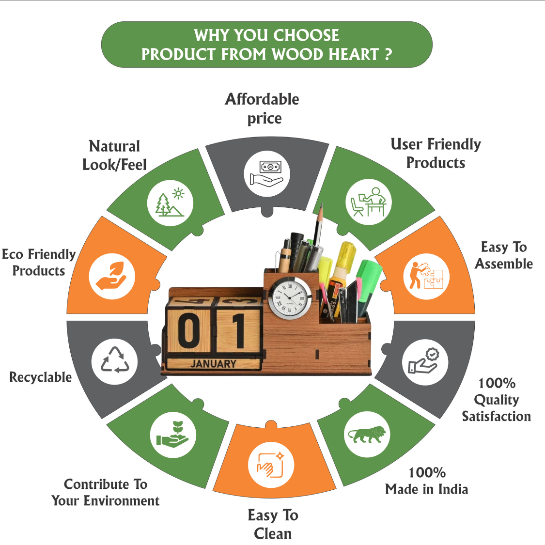 WoodHeart Wooden Perpetual Calendar Desk Organizer with Clock